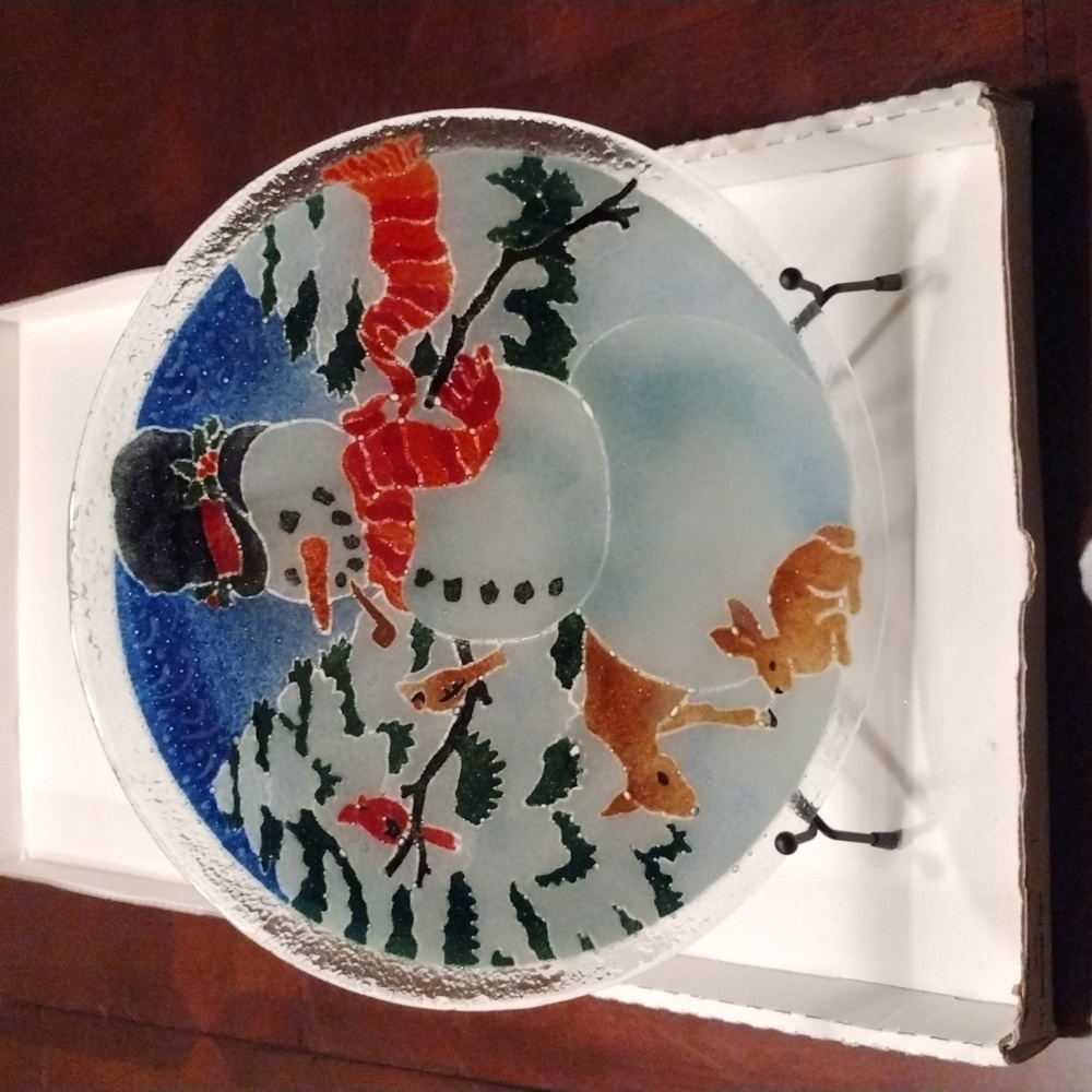 Peggy Karr Snowman 11" fused glass plate Signed Retired